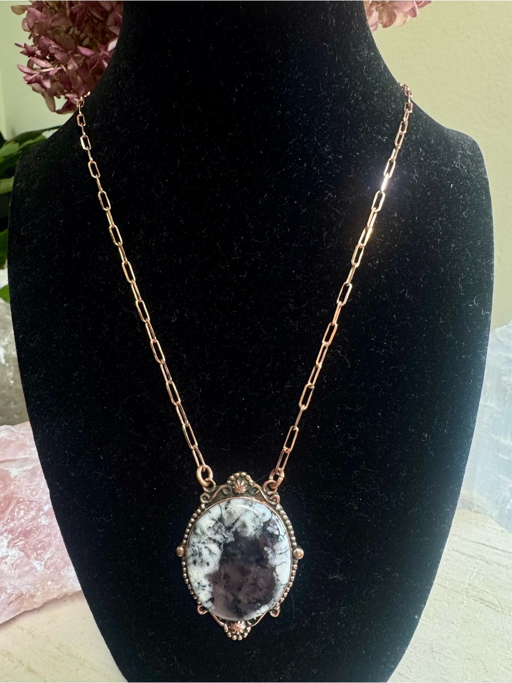 22” Vintage-Inspired Dendritic Agate Pendant Copper Paper Clip Chain Necklace